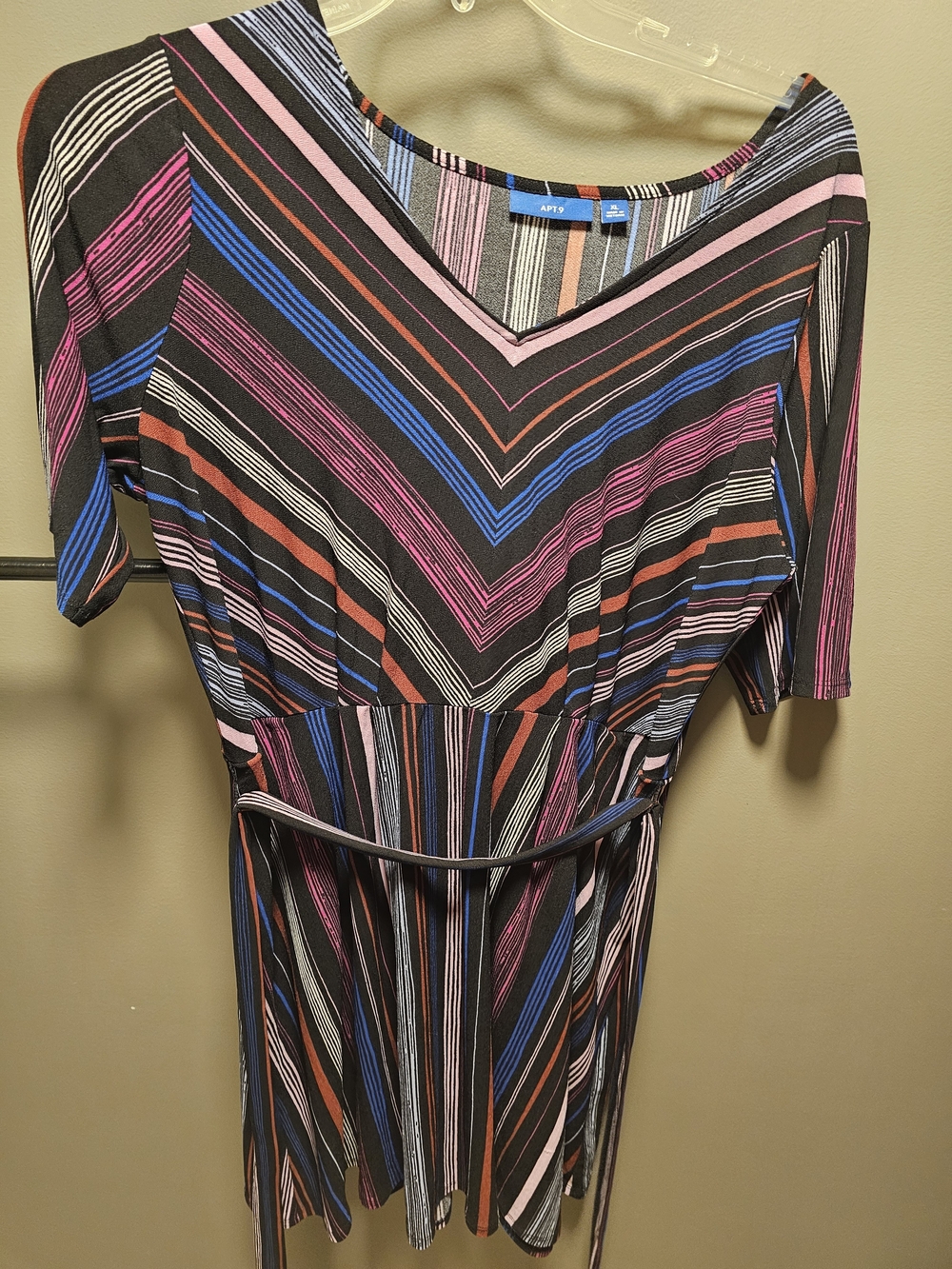 Apt. 9 Black Multi-Stripe V-Neck Belted Dress